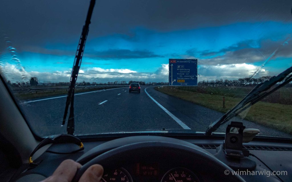 driving through Dutch rainy skies